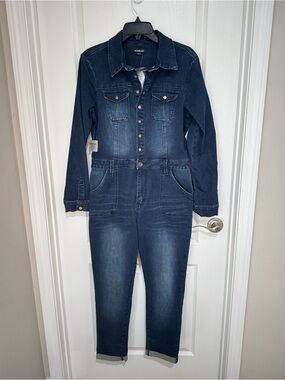 bebe Dark Denim Long-Sleeve Denim Jumpsuit